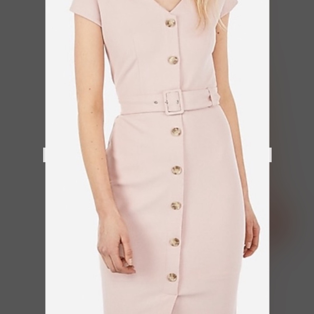 Express, midi, belted, lined, pink dress. Faux buttons. Great shape. XS.